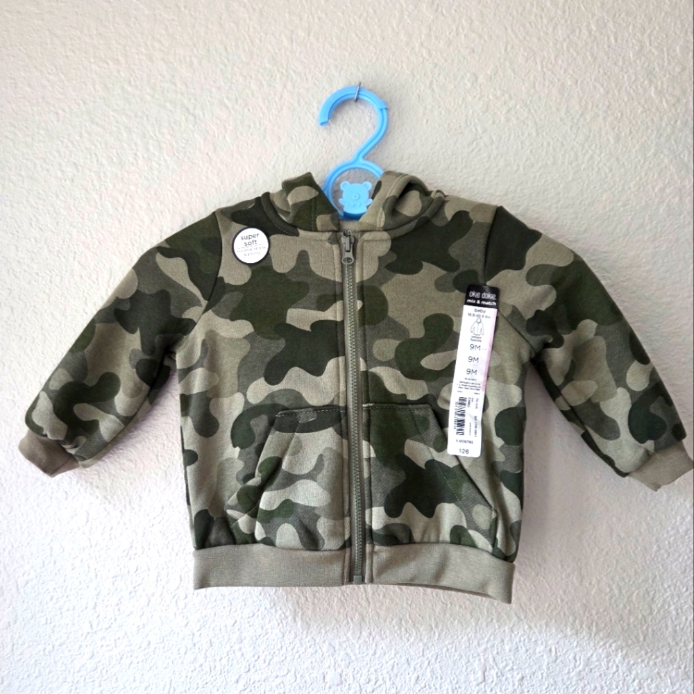 NWT Size 9 Months Green Camo Okie Dokie Zip Up Fleece Lined Hoodie